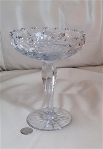 Vintage American Brilliant style cut glass floral compote with scalloped rim