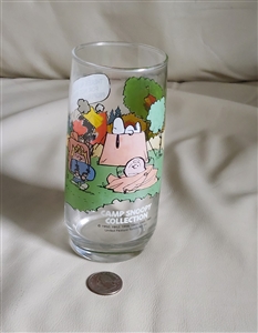 Vintage 1968 McDonald's Camp Snoopy collection clear drinking glass with colorful Peanuts graphics