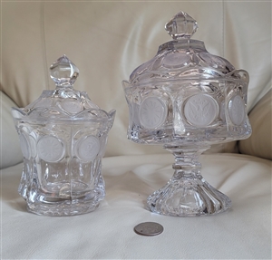 Fostoria clear coin glass 2-piece set including lidded pedestal wedding bowl and lidded sugar bowl with frosted coin medallions