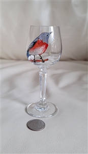 American crystal 5 inch cordial glass with hand painted songbird signed Brenda 98