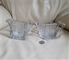 Heisey clear etched glass creamer pitcher and double handled open sugar bowl set with Art Deco angular handles from the 1930s