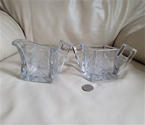 Heisey clear etched glass creamer pitcher and double handled open sugar bowl set with Art Deco angular handles from the 1930s