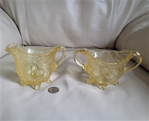 Vintage Indiana Glass Tiara Sweet Pear Yellow Mist creamer and sugar set
