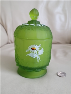 1970s Westmoreland lime green satin glass covered candy dish with hand painted daisies and embossed grapes