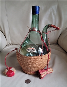 Italian green glass Chianti bottle Fattoria Straccali woven basket vintage