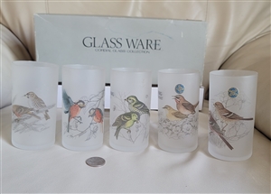 Hoya Japan Collection of Birds frosted cordial glasses set of 5 with Siberian Rubythroat