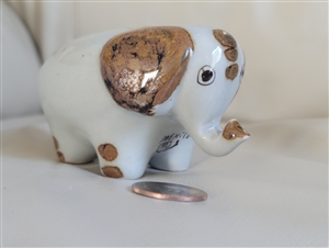 Vintage 1990s Ken Edwards Tonala Mexico stoneware elephant figure featuring hand painted floral patterns and gold accents