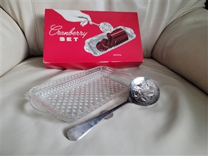 Sheffield England crystal cranberry dish with silver plated embossed serving spoon