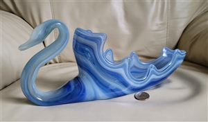Swan glass bowl vintage blue white art glass Ozark Sooner centerpiece