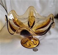 Mid Century Viking honey amber glass scalloped pedestal bowl large centerpiece hand molded art glass preowned vintage sells as is Mid Century Viking honey amber glass scalloped pedestal bowl large centerpiece hand molded art glass preowned vintage sells as is