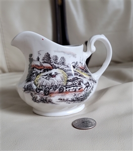 Staffordshire Yorkshire ironstone creamer pitcher in white with multicolored brown transferware farm scenes from mid-20th-century England
