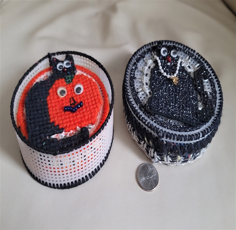 Handcrafted 1990s style Halloween plastic canvas trinket boxes with black cat and pumpkin