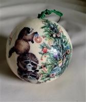 Vintage 1977 Reflections Barry Patch decoupage Christmas ornament with raccoons and rabbits forest animal scene