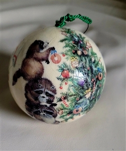 Vintage 1977 Reflections Barry Patch decoupage Christmas ornament with raccoons and rabbits forest animal scene