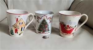 Lenox Christmas porcelain mugs set of 3 with holiday tree and Santa designs made in Japan and America