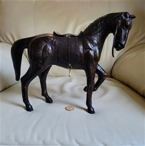 Leather wrapped handcrafted horse art decor sculpture in dark brown leather preowned item imperfections due to age