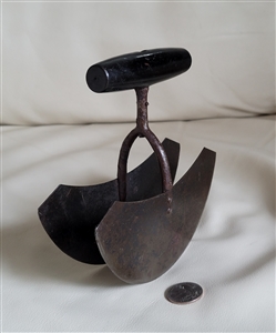 Antique double blade metal vegetable chopper with turned wooden handle and half moon steel blades rustic kitchen decor