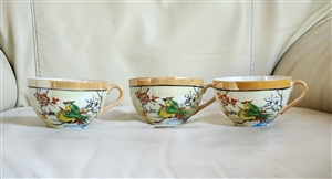 Eggshell porcelain teacups set Japan colorful birds decor hand painted vintage