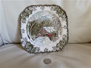 Johnson Brothers Friendly Village Covered Bridge ironstone salad plate with black mark made in England