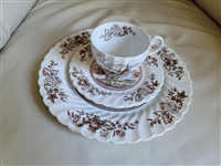 Johnson Brothers Tulip Time ironstone 3 piece teacup saucer and plate set with windmill scene made in England