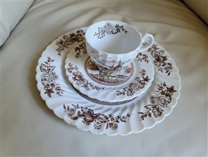 Johnson Brothers Tulip Time ironstone 3 piece teacup saucer and plate set with windmill scene made in England