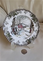 Johnson Brothers English ironstone bread and butter plate featuring The Friendly Village Sugar Maples winter landscape pattern with a red sugarhouse and scalloped rim from the 1950s