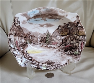 Johnson Brothers Olde English Countryside brown 9 inch oval vegetable bowl with cottage scene made in England