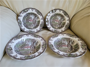 Johnson Brothers England 4 Friendly Village ironstone rimmed soup bowls set made in England