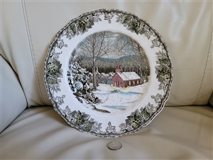 Johnson Brothers Friendly Village School House winter scene ironstone dinner plate with black backstamp made in England