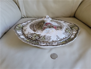 Johnson Brothers Friendly Village Covered Bridge ironstone lidded vegetable bowl with brown mark made in England