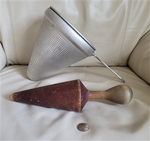 Metal strainer with wooden pestle jam sauce maker vintage primitive tools