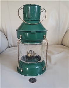 vintage green metal kerosene style lamp preowned home decor made in Hong Kong