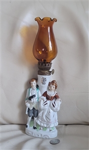 Porcelain figures table oil lamp amber glass top