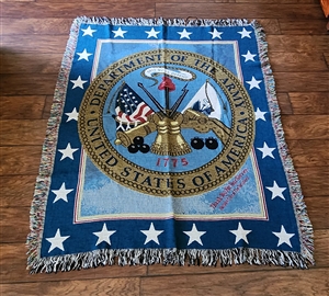 US Department of the Army 1775 woven tapestry throw blanket with Northwest Hospice tribute and fringed edges