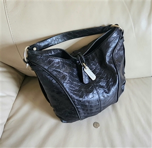 Late 2000s Charles David women's black leather scale embossed hobo handbag front view