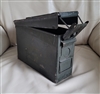 Vintage olive drab US military 7.62MM metal ammo box with yellow stenciling