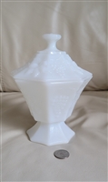 Preowned Anchor Hocking white milk glass lidded candy dish with grapes and vines pattern