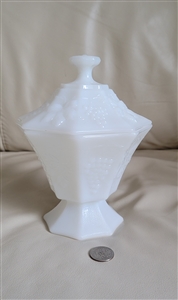 Preowned Anchor Hocking white milk glass lidded candy dish with grapes and vines pattern