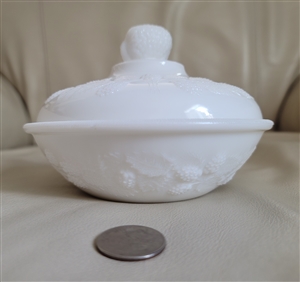 Wite milk glass berries embossed lidded bowl