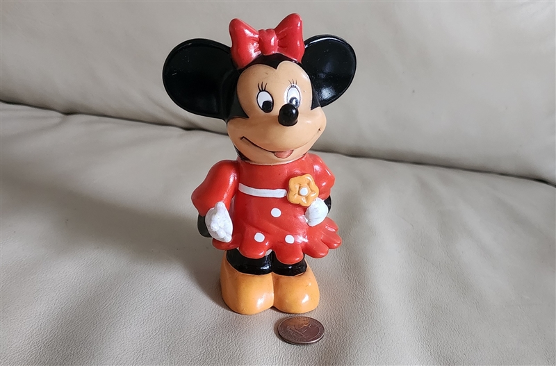 Vintage Minnie Mouse vinyl coin bank Walt Disney Productions Made in Hong Kong red polka dot dress no bottom cover