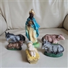 Vintage clay or chalkware Nativity set of six figures with a king, baby Jesus, and animals for Christmas display or any occasion display