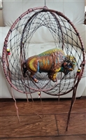 Artisan handcrafted 14 inch triple ring leather dreamcatcher featuring a colorful cast resin bison sculpture center