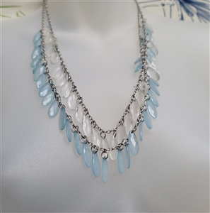 vintage womens avant garde waterfall double strand aqua bead necklace with cascading crystal teardrop dangles and silver tone hardware