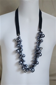 preowned vintage chunky faux metallic pearl and glass bead statement necklace with ribbon tie closure