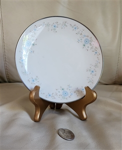 preowned vintage Noritake Sarita white bread and butter plate with pastel blue floral rim and platinum edge