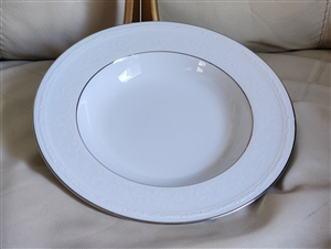 preowned vintage Noritake White Scapes white on white floral soup bowl plate with platinum trim