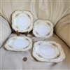 preowned vintage Noritake Muriel white square salad plates set of 4 with gold scroll rim and floral bouquets