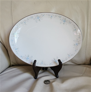 preowned vintage Noritake Sarita white 12 inch oval serving platter plate with pastel blue floral rim and platinum edge