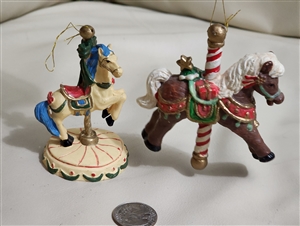 Carousel horses vintage Christmas tree ornaments with brown and yellow stallions