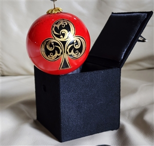 Preowned vintage handblown glass ornament with red and black club design in box